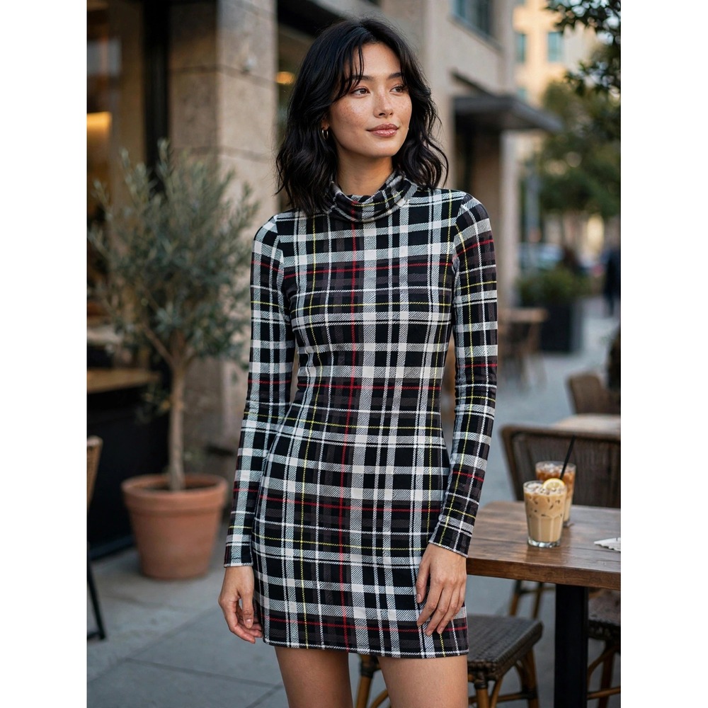 Alice + Olivia Black White Plaid Turtleneck Mini Dress CC109P02503 Size 0